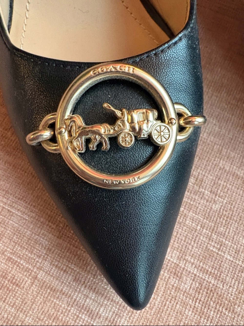 Coach Black Pointed-Toe Leather Heels with Gold Logo Ring